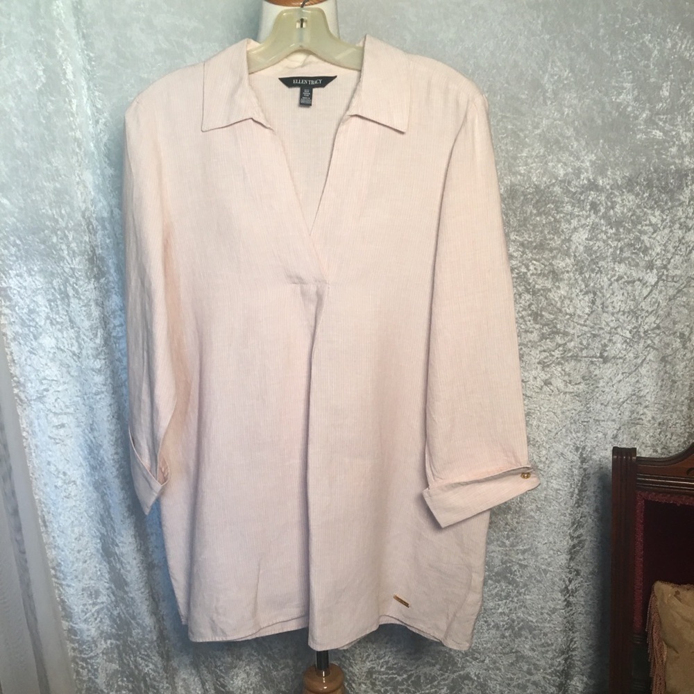 Ellen Tracy Linen Rose Tunic V neck blouse Size M